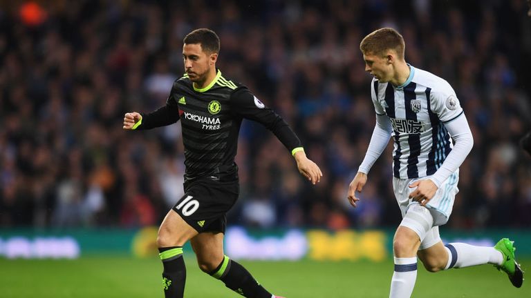 Eden Hazard takes on Sam Field in the early stages at The Hawthorns