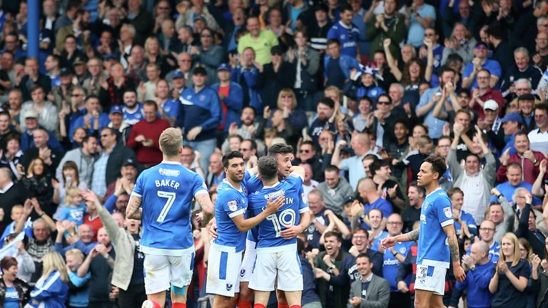 PORTSMOUTH, ENGLAND - MAY 6: Enda Stevens of Portsmouth celebrates his teams first goal with teammates during the Sky Bet League Two match between Portsmou