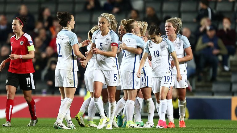 England Women celebrate their third goal during the International Friendly against Austria Women at Stadium MK