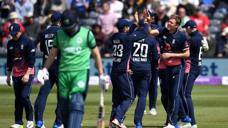 BRISTOL, ENGLAND - MAY 05:  Jake Ball of England celebrates with teammates after dismissing Andy Balbirnie of Ireland during the Royal London One Day Inter