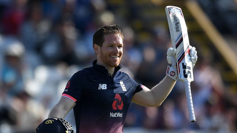 England captain Eoin Morgan celebrates his hundred against South Africa