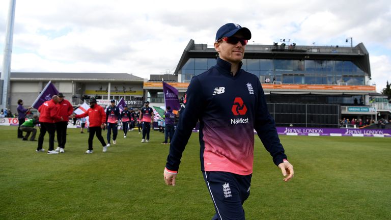 BRISTOL, ENGLAND - MAY 05:  England captain Eoin Morgan leads out his team ahead of the Royal London One Day International between England and Ireland at T