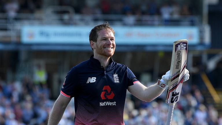 LEEDS, ENGLAND - MAY 24:  England captain Eoin Morgan salutes the crowd as he leaves the field after making 107 runs during the 1st Royal London ODI match 
