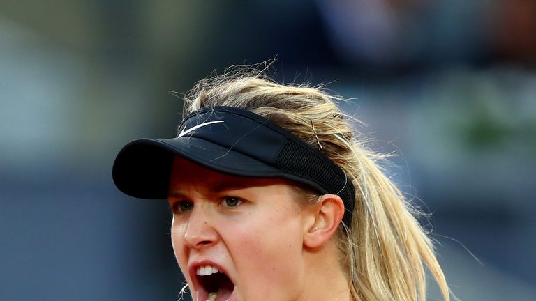 MADRID, SPAIN - MAY 10: Eugenie Bouchard of Canada celebrates a point during her match against Angelique Kerber of Germany on day five of the Mutua Madrid 