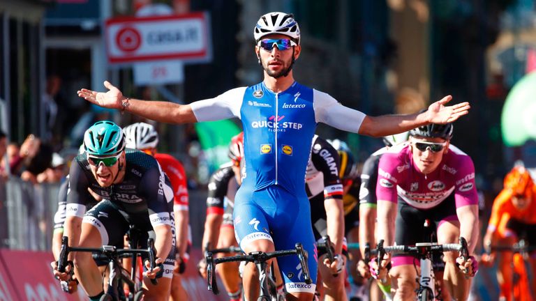 Colombia's Fernando Gaviria of team Quick-Step celebrates as he crosses the finish line of the 5th stage of the 100th Giro d'Italia, Tour of Italy, cycling