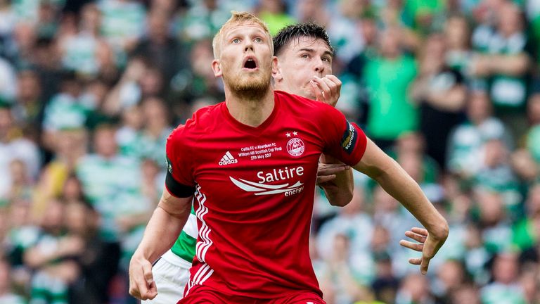 Aberdeen's Jayden Stockley and Celtic's Kieran Tierney tussle during the Scottish Cup Final at Hampden Park