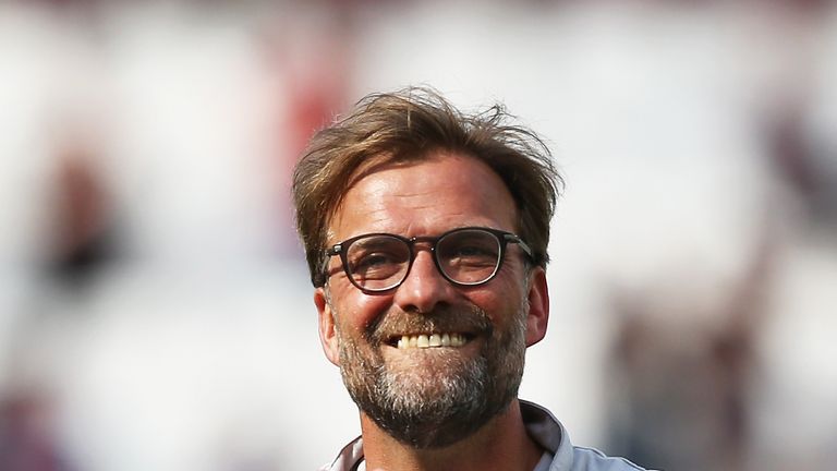 STRATFORD, ENGLAND - MAY 14:  Jurgen Klopp, Manager of Liverpool shows appreciation to the fans after the Premier League match between West Ham United and 