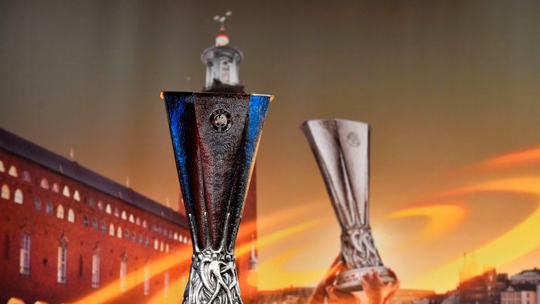 The Europa league cup is pictured prior to the ceremony for the quarter-final draw of the quarter-final draw for the UEFA Europa League football tournament