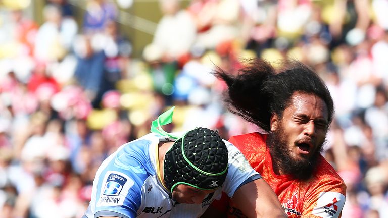 Francois van Wyk runs with the ball during a match between Western Force and the Sunwolves