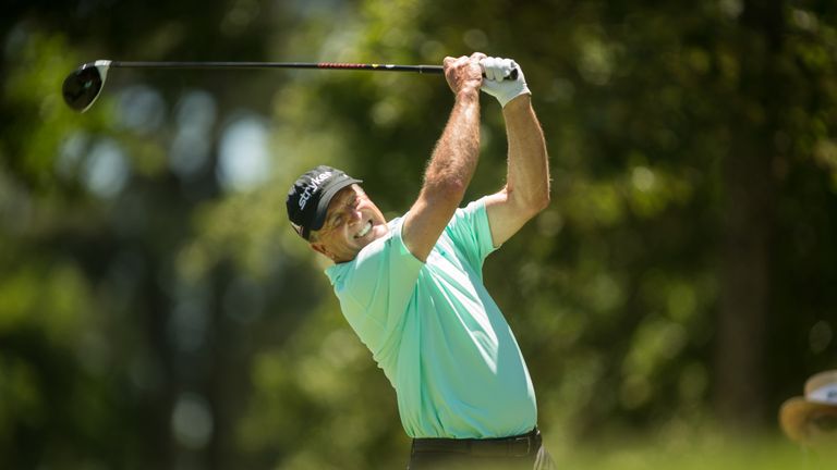 THE WOODLANDS, TX - MAY 05: Fred Funk of the United States plays a tee shot at the eleventh hole during the first round of the PGA TOUR Champions Insperity