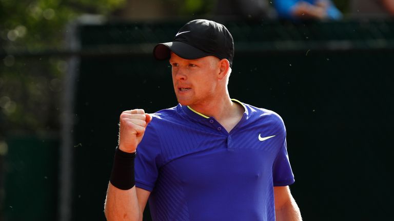 Kyle Edmund of Great Britain celebrates during the mens singles first round match against Gastao Elias of Portugal