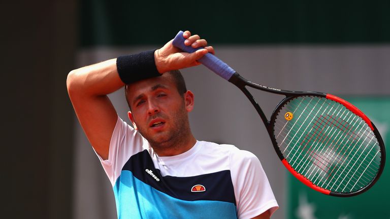 Dan Evans of Great Britain reacts during the mens singles first round match against Tommy Robredo of Spain