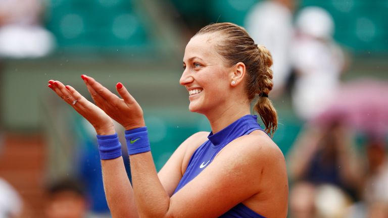 Petra Kvitova of the Czech Republic celebrates following her victory during the ladies singles first round match at the French Open 2017