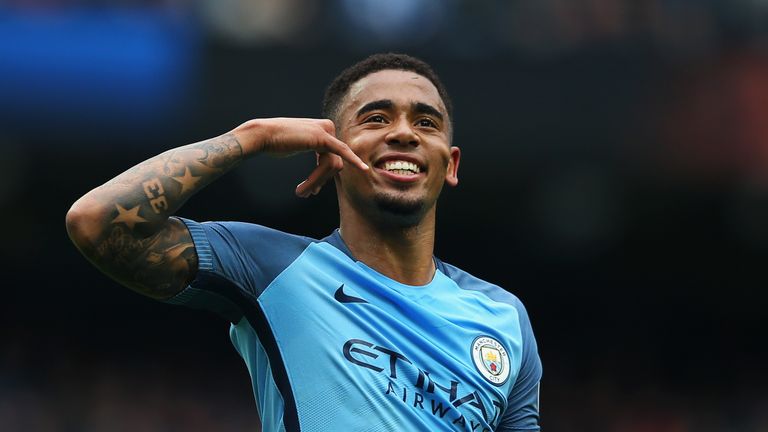 Gabriel Jesus of Manchester City celebrates scoring his side's second goal in the Premier League match against Leicester