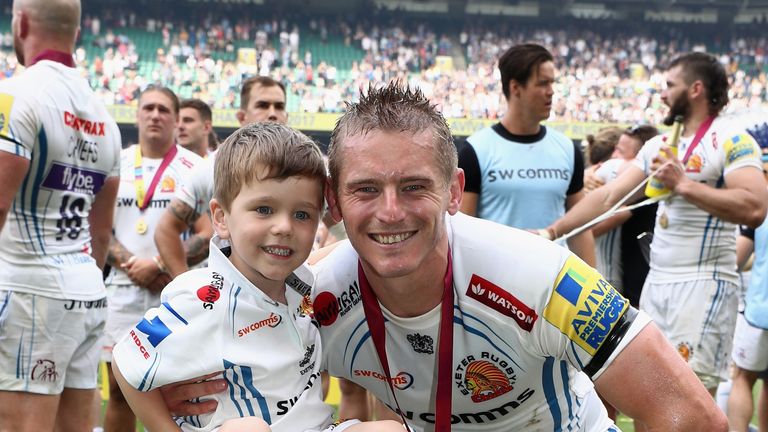 Gareth Steenson  celebrates with his son Oscar