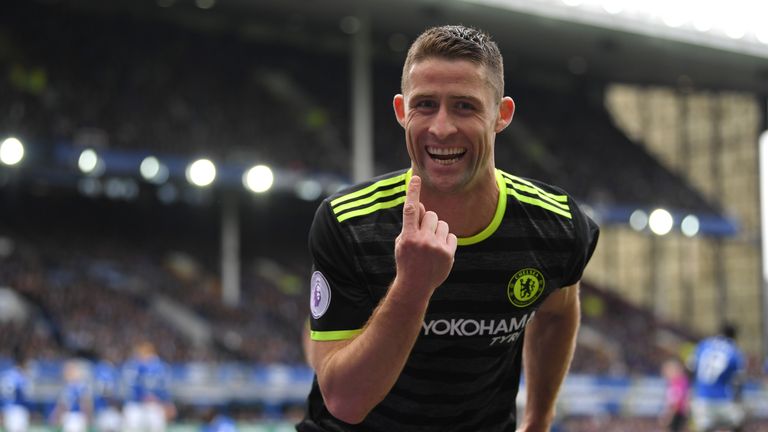 Chelsea defender Gary Cahill celebrates scoring the second goal during the Premier League match at Everton