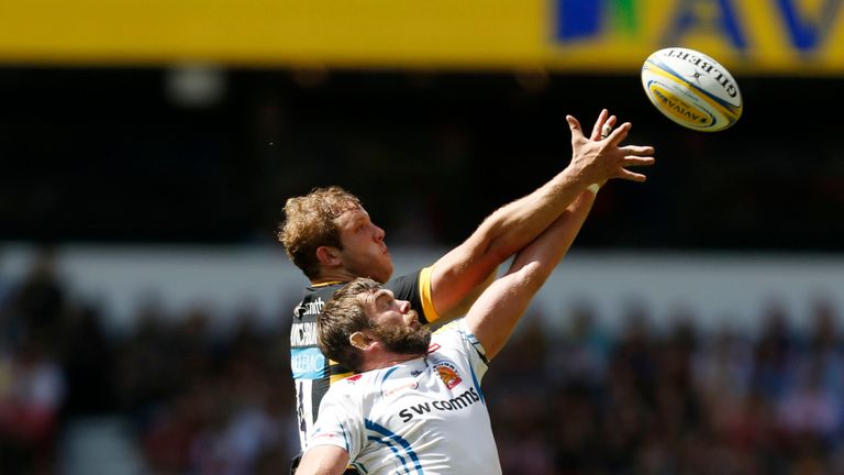 Exeter Chiefs' Geoff Parling and Wasps' Joe Launchbury contest a lineout