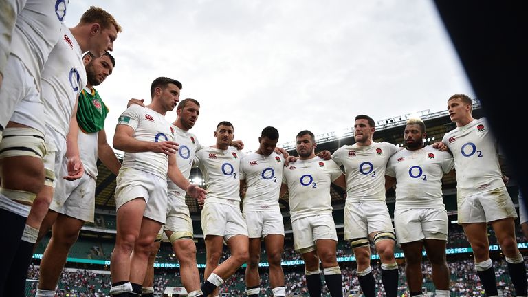 LONDON, ENGLAND - MAY 28:  George Ford of England talks to his players following their victory during the Old Mutual Wealth Cup match