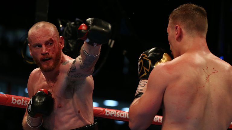 George Groves (L) in action against Fedor Chudinov during their WBA Super-Middleweight World Championship contest at Bramall Lane