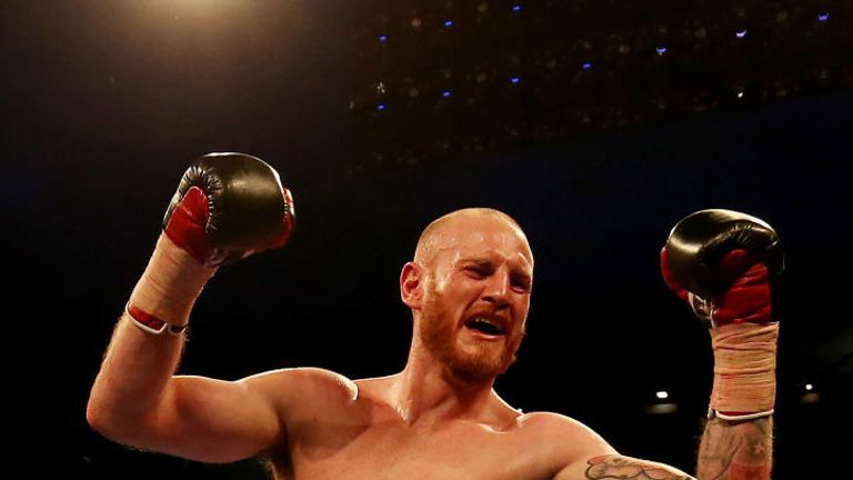 George Groves celebrates after beating Fedor Chudinov in  their WBA Super-Middleweight World Championship contest at Bramall Lane