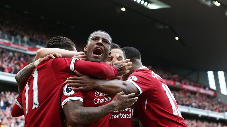 LIVERPOOL, ENGLAND - MAY 21:  Georginio Wijnaldum of Liverpool celebrates scoring his sides first goal during the Premier League match between Liverpool an