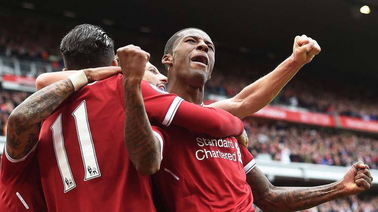 Georginio Wijnaldum celebrates opening the scoring during the match between Liverpool and Middlesbrough