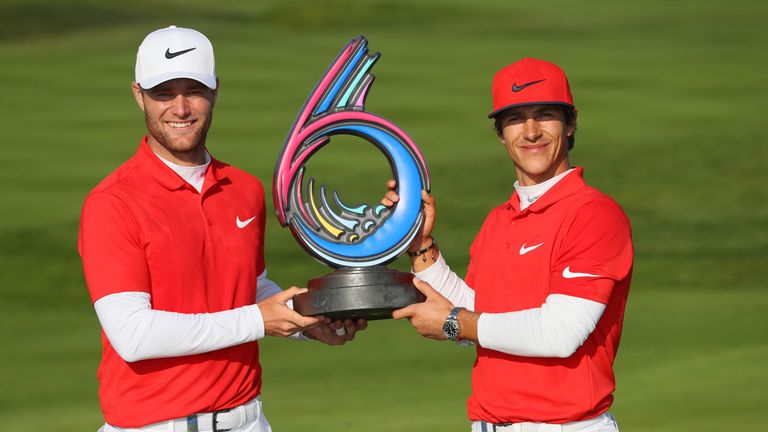 ST ALBANS, ENGLAND - MAY 07:  Thorbjorn Olesen and Lucas Bjerregaard of Denmark pose with the trophy after winning the final match between Denmark and Aust