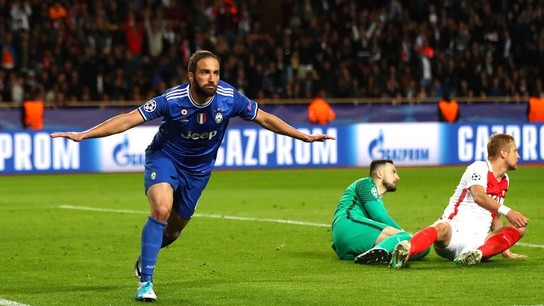 MONACO - MAY 03:  Gonzalo Higuain of Juventus celebrates scoring his sides second goal during the UEFA Champions League Semi Final first leg match between 