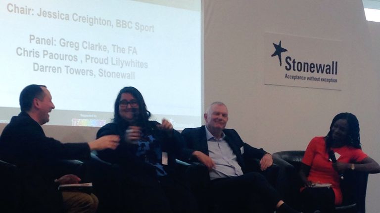 Greg Clarke joined Darren Towers (left), Chris Paouros (centre-left) and Jess Creighton (right) to discuss LGBT inclusivity 