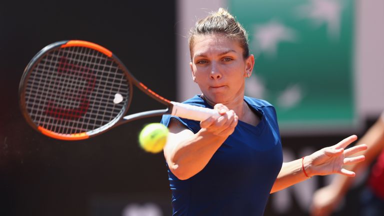 ROME, ITALY - MAY 19:  Simona Halep of Romania in action during the women's quarter-final match against Anett Kontaveit of Estonia on Day Six of the Intern