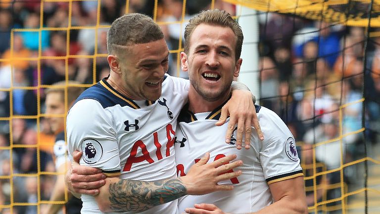 Harry Kane celebrates scoring his and Tottenham's second goal with team-mate Kieran Trippier
