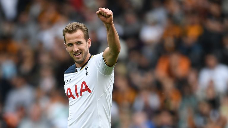 Harry Kane celebrates after doubling Tottenham's lead at the KCOM Stadium  