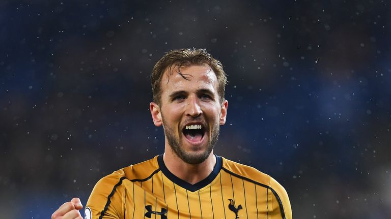 Harry Kane of Tottenham celebrates as he scores their sixth goal against Leicester