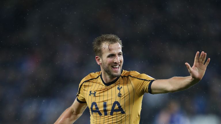 Tottenham Hotspur's Harry Kane celebrates scoring his side's fifth goal of the game during the Premier League match at the King Power Stadium, Leicester.