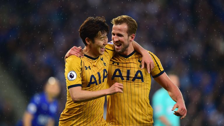 Harry Kane celebrates scoring Tottenham's first goal with Heung-Min Son