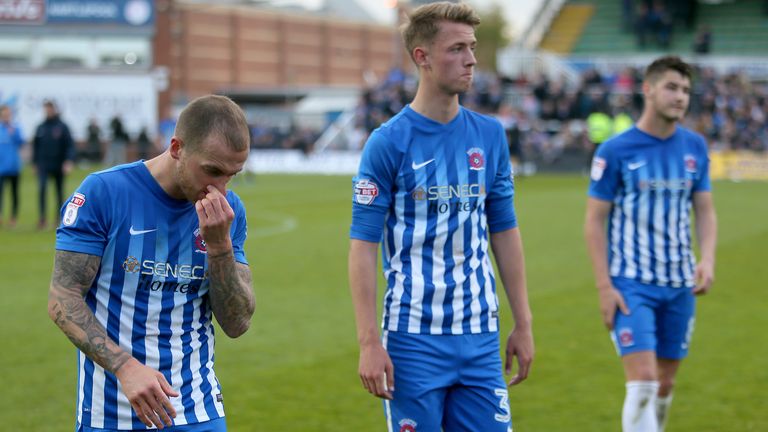 Hartlepool's Lewis Alessandra (left) pictured after they are relegated from Sky Bet League Two