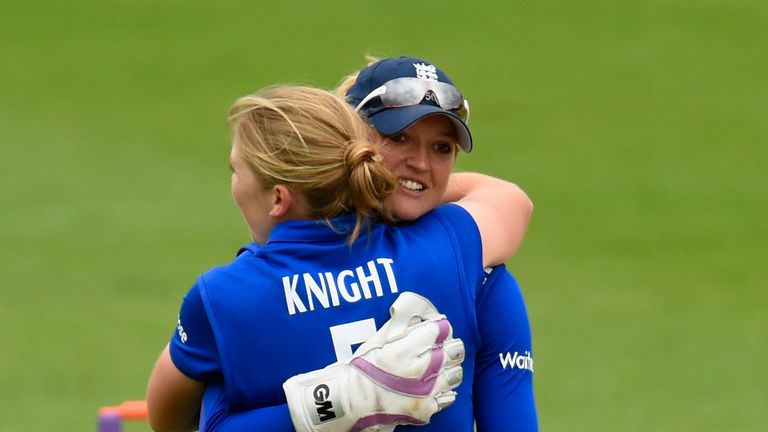 Heather Knight and Sarah Taylor celebrate against Australia in July 2015