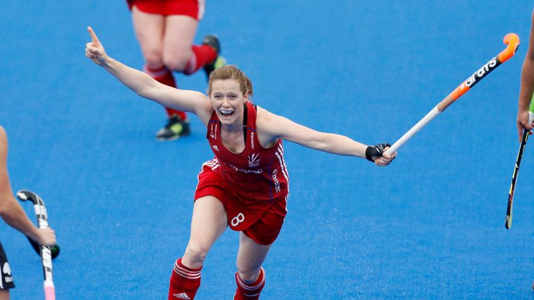 Great Britain's Helen Richardson-Walsh celebrates scoring their second goal during the pool match v Argentina, 