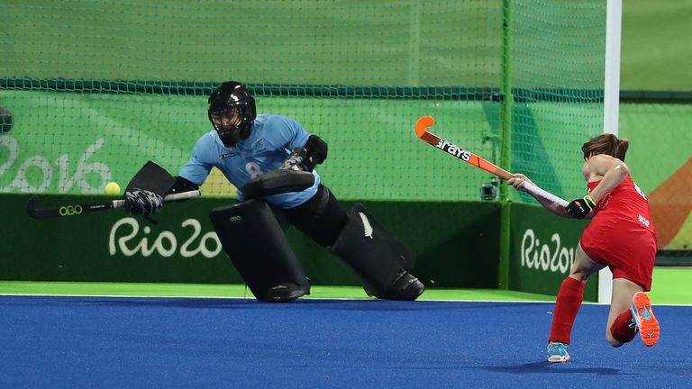 Helen Richardson-Walsh of Great Britain scores their second goal from the penalty spot during the Women's hockey semi-final v New Zealand, Rio 2016