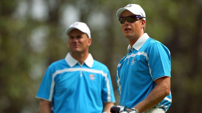 LOUISVILLE, KY - SEPTEMBER 20:  Henrik Stenson and Robert Karlsson of the European team wait on the second tee during the afternoon four-ball matches on da