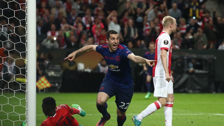 Henrikh Mkhitaryan of Manchester United celebrates scoring his sides second goal during the UEFA Europa League Final against Ajax