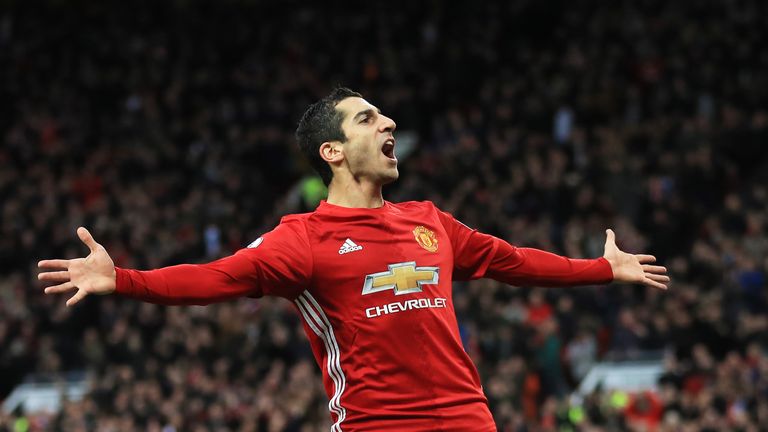 Henrikh Mkhitaryan celebrates after scoring against Tottenham at Old Trafford