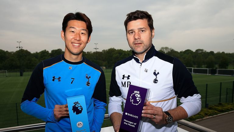 Heung-Min Son (left) and Mauricio Pochettino receive Premier League Player and Manager of the Month Awards for April (Photo by Ben Hoskins/Getty Images)