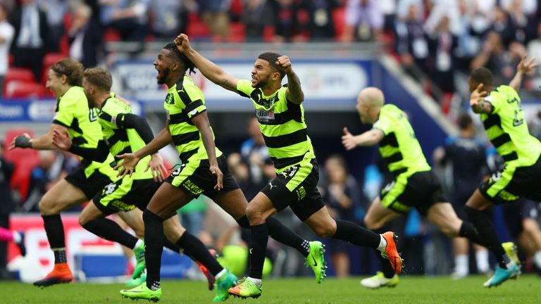 LONDON, ENGLAND - MAY 29:  Nahki Wells of Huddersfield Town celebrates promotion to the Premier League as his team win the penalty shoot out after the Sky 