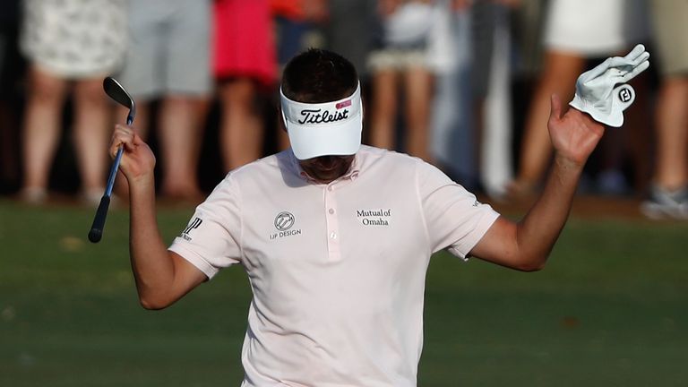 PONTE VEDRA BEACH, FL - MAY 14:  Ian Poulter of England reacts on the 18th hole during the final round of THE PLAYERS Championship at the Stadium course at