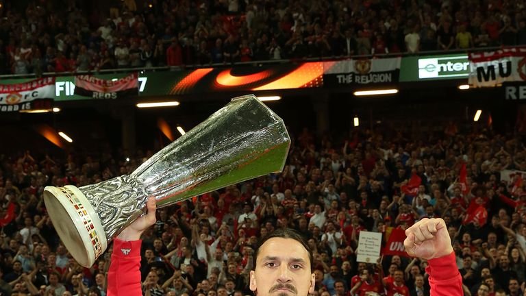 Zlatan Ibrahimovic celebrated on the pitch following Manchester United's Europa League win