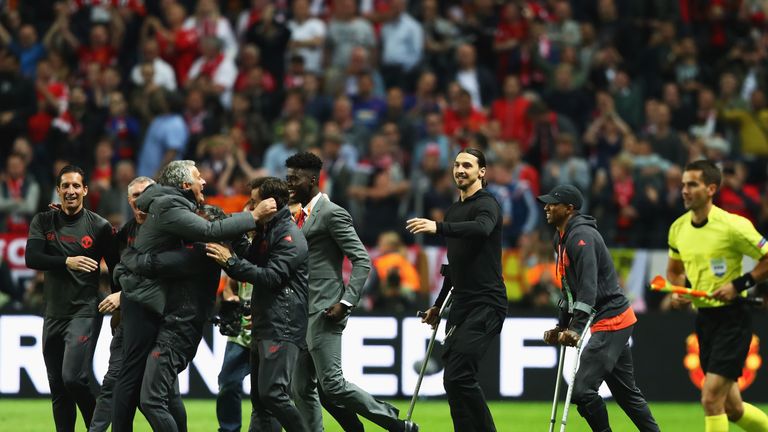Ibrahimovic joined the United celebrations on crutches after the final whistle