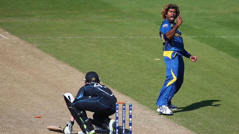 Lasith Malinga celebrates bowling Brendon McCullum of New Zealand during the Group A ICC Champions Trophy in 2013