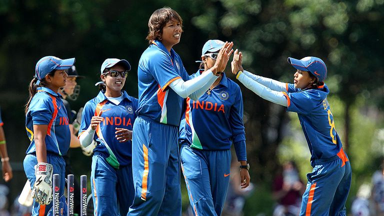 Jhulan Goswami of India (C) celebrates her wicket with team mates during the NatWest Women's Quadrangular Series between New Zealand