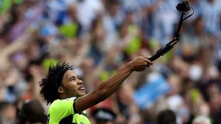 Izzy Brown celebrates with the Sky Sports selfie stick!